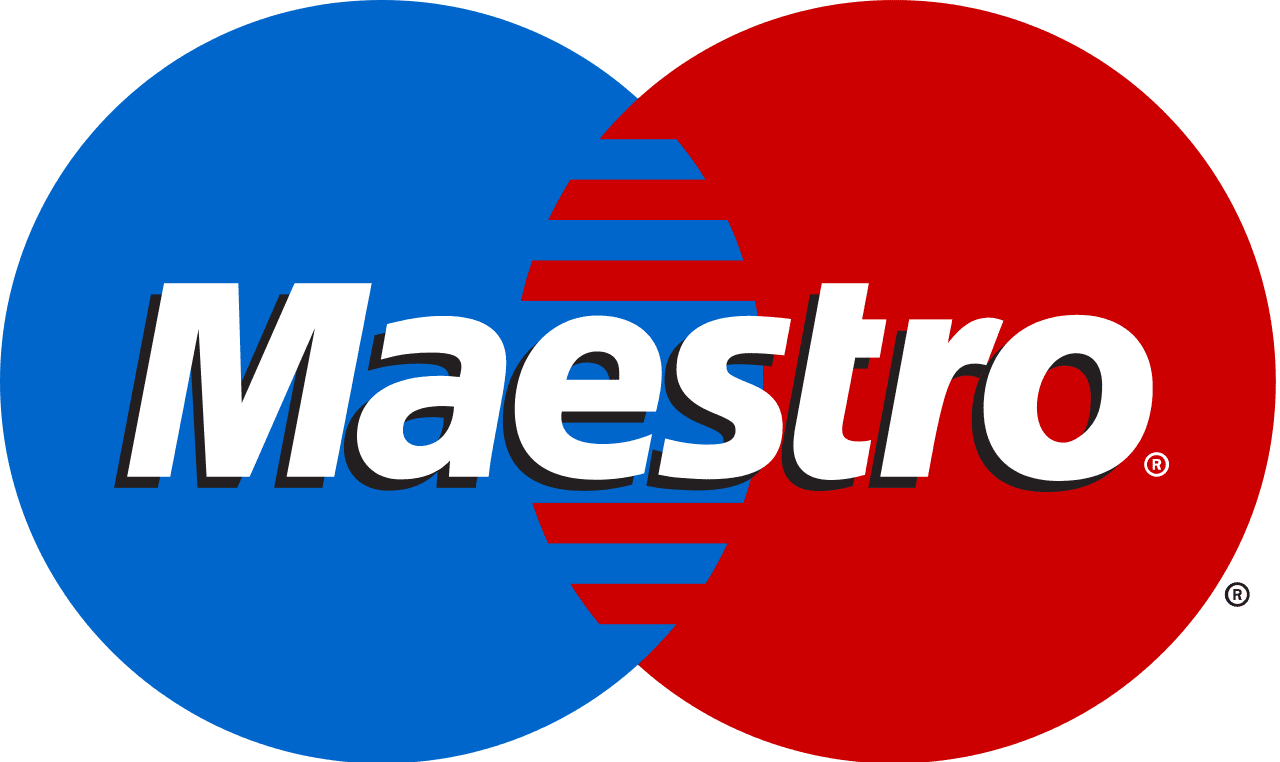 Maestro-logo med overlappende blå og røde sirkler på grønn bakgrunn.