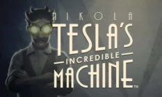 Illustrasjon av en stilisert Nikola Tesla med glødende øyne, akkompagnert av teksten "Nikola Tesla's Incredible Machine.