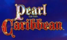 Logo av "Pearl of the Caribbean" spilleautomat på blå bakgrunn.