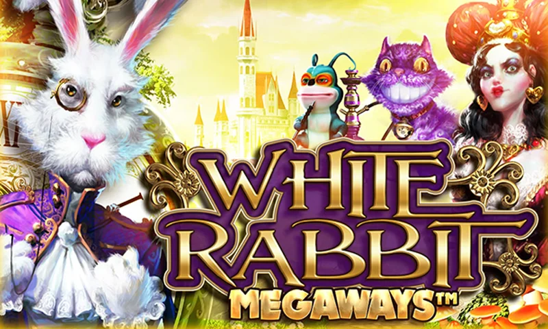 Salgsfremmende kunstverk for «White Rabbit Megaways», med lunefulle karakterer og livlige fantasielementer.