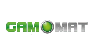 Gamomat-logo med en grønn kule mellom bokstavene o og m på en gjennomsiktig bakgrunn.