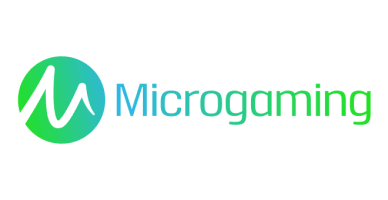 Microgaming firmalogo på grønn bakgrunn.