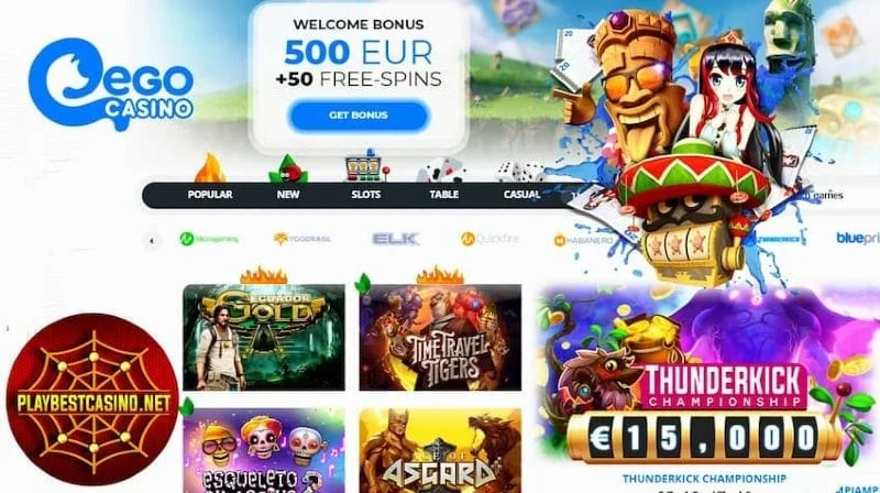 Et kampanjeskjermbilde av Egocasino-nettstedet med en rekke miniatyrbilder av spilleautomater og en velkomstbonusannonse.