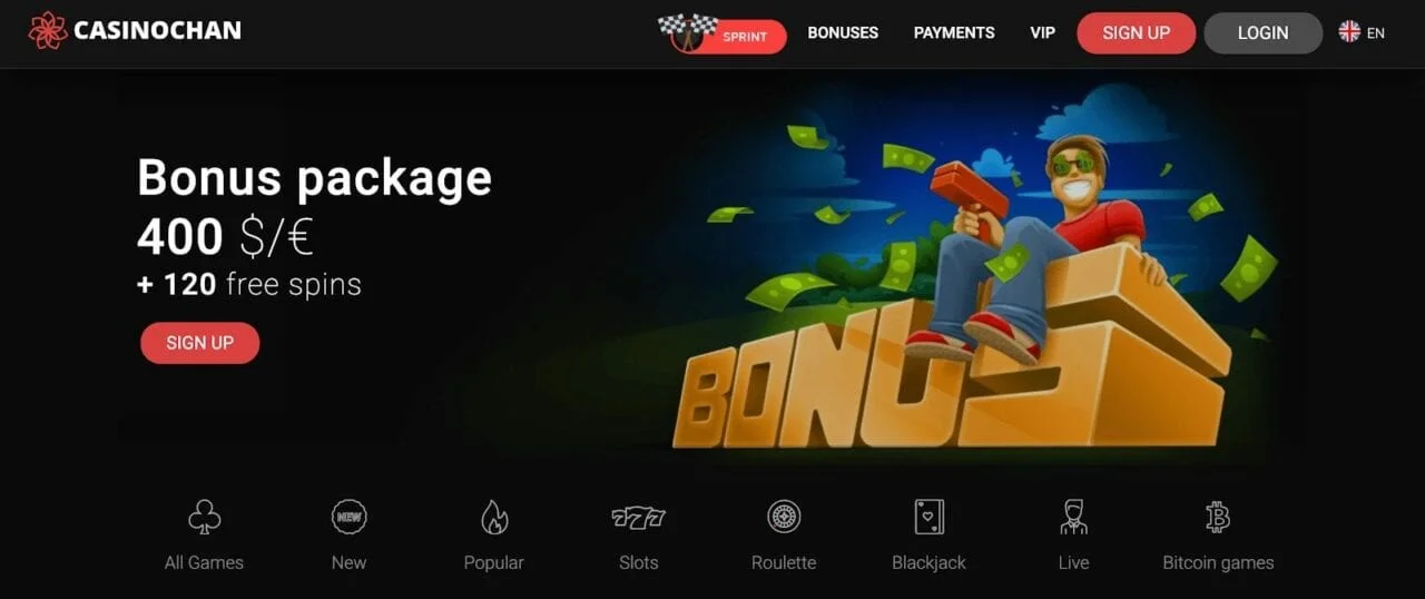 Kampanjebanner for CasinoChan med en bonuspakke på €/$400 og 120 gratisspinn med en handlingsfremmende oppfordring.