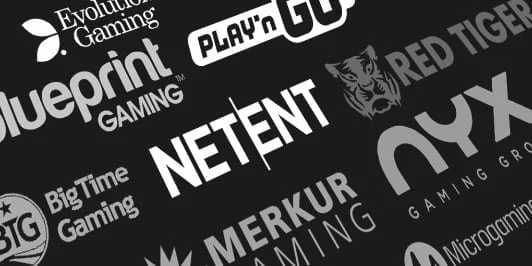 Samling av spillutviklerlogoer, blant annet NetEnt, Evolution Gaming og Play’n GO