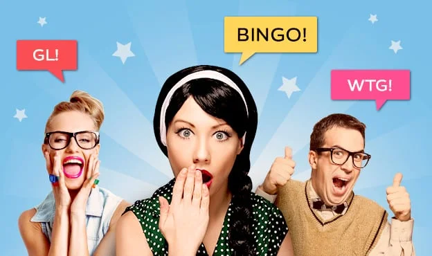 Tre personer med snakkebobler med teksten GL, Bingo og WTG