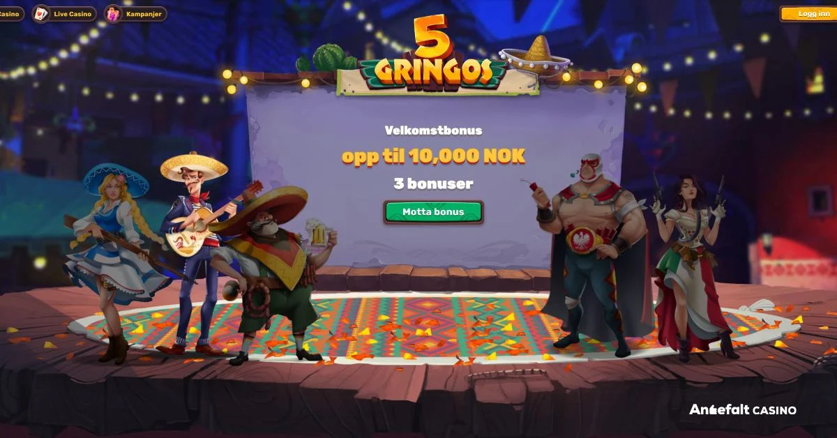 Forsiden til 5 Gringos med velkomstbanner og kasinomaskoter