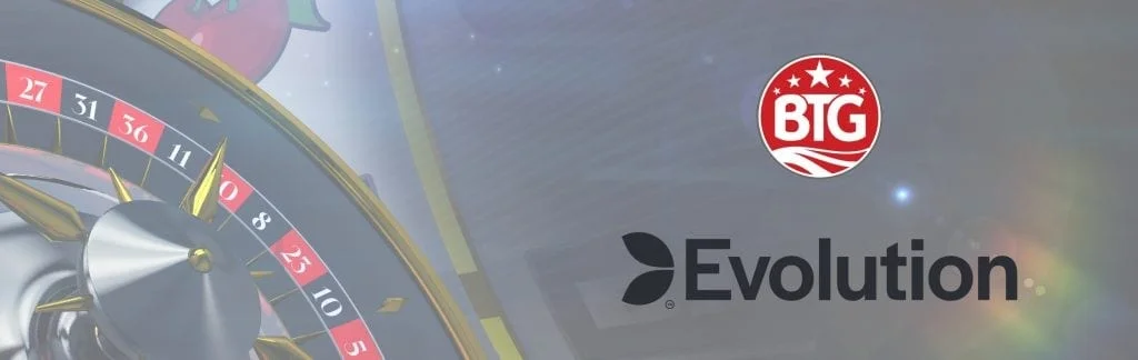 Logoene til Evolution og Big Time Gaming over et ruletthjul