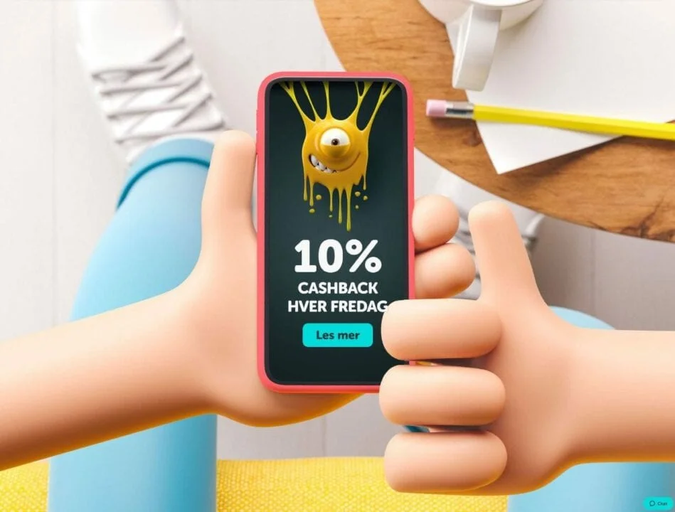 Pocket Play-maskot som viser en mobil med cashback-banner