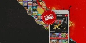 Betsafe-grafikk med mobiltelefon, spill og banner med 100 % bonus