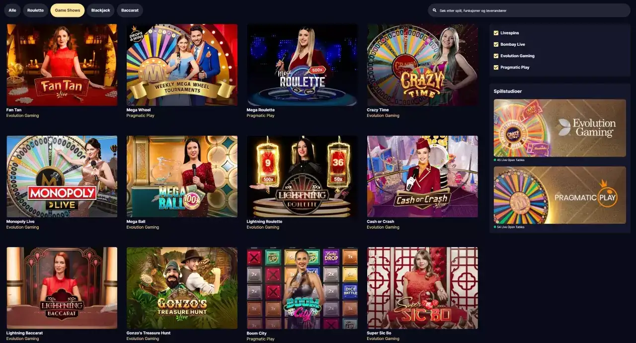 Skjermbilde av Live Casino Game Shows-seksjonen på Highroller Casino