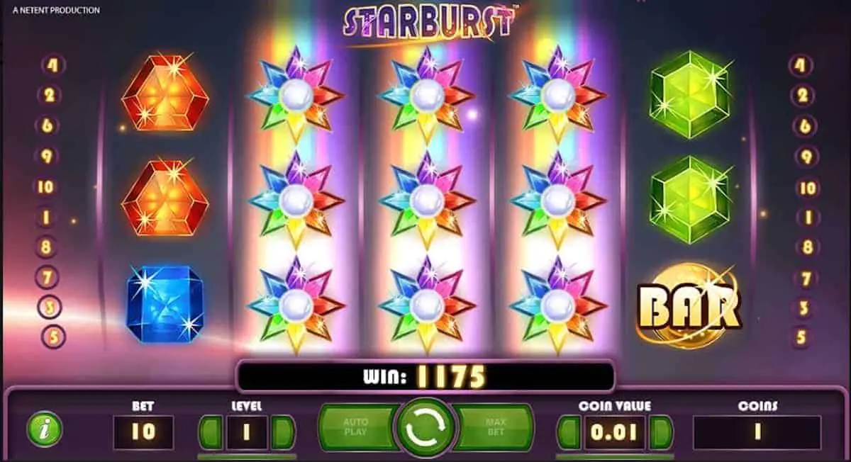 Spillebrettet i Starburst med edelstener, wild-symboler og gevinstvisning