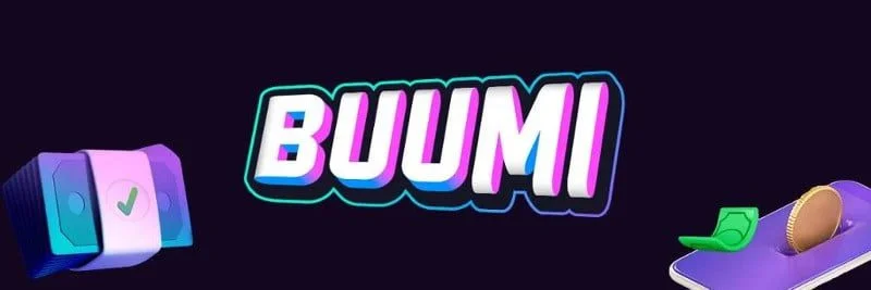 Buumi-logo med mobiltelefon og spillillustrasjoner