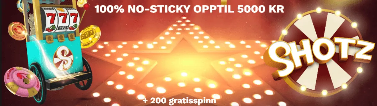 Shotz Casino kampanjebilde med en spilleautomat, lysende stjerne, 100% bonus opp til 5000 KR, og 200 gratisspinn.