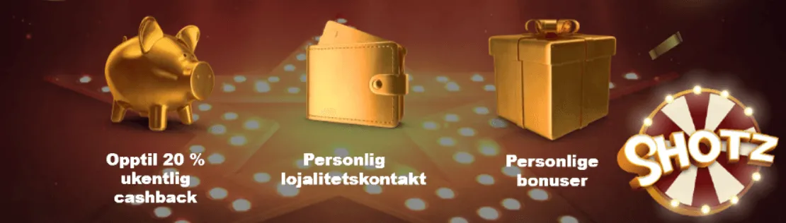 Shotz Casino fordeler inkluderer opptil 20% ukentlig cashback, personlig lojalitetskontakt, og eksklusive bonuser, fremstilt med et gullgris sparebøsse, lommebok, gaveeske, og Shotz logo