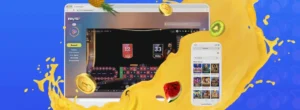 Fruta Casino vist på datamaskin og mobil mot blå og gul bakgrunn