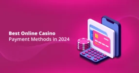Illustrasjon av en bærbar datamaskin, kalkulator, kredittkort og pokersjetonger på en rosa bakgrunn med teksten "Beste betalingsmetodene for norske casinoer i 2024".