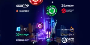 Spillutviklerlogoer rundt en neonbelyst illustrasjon av et kasino