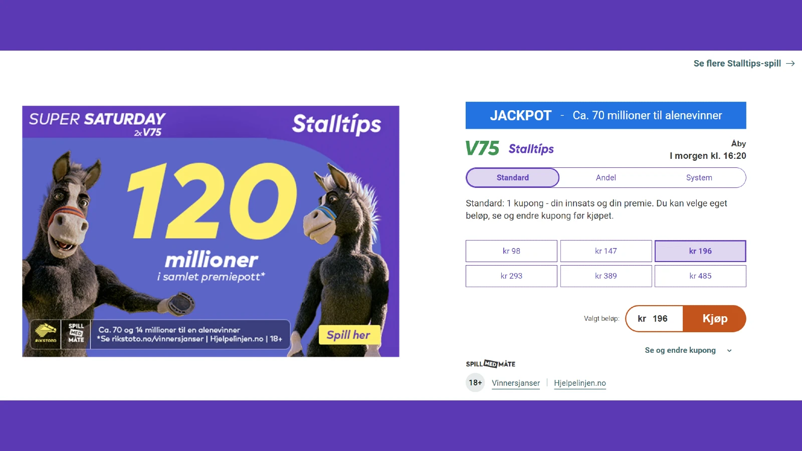 Annonse for onlinespill med to animerte hester som promoterer en "super lørdag"-begivenhet med en jackpot på omtrent 70 millioner i premier for "spill på hest".