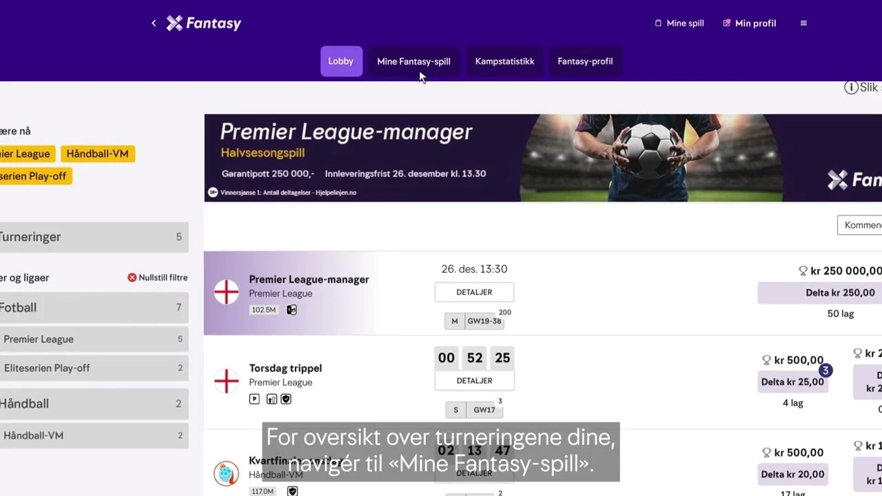 Skjermbilde av et fantasy sportsnettsted med en guide til Premier League-managerspillet, med navigasjonsfaner og fotballgrafikk.