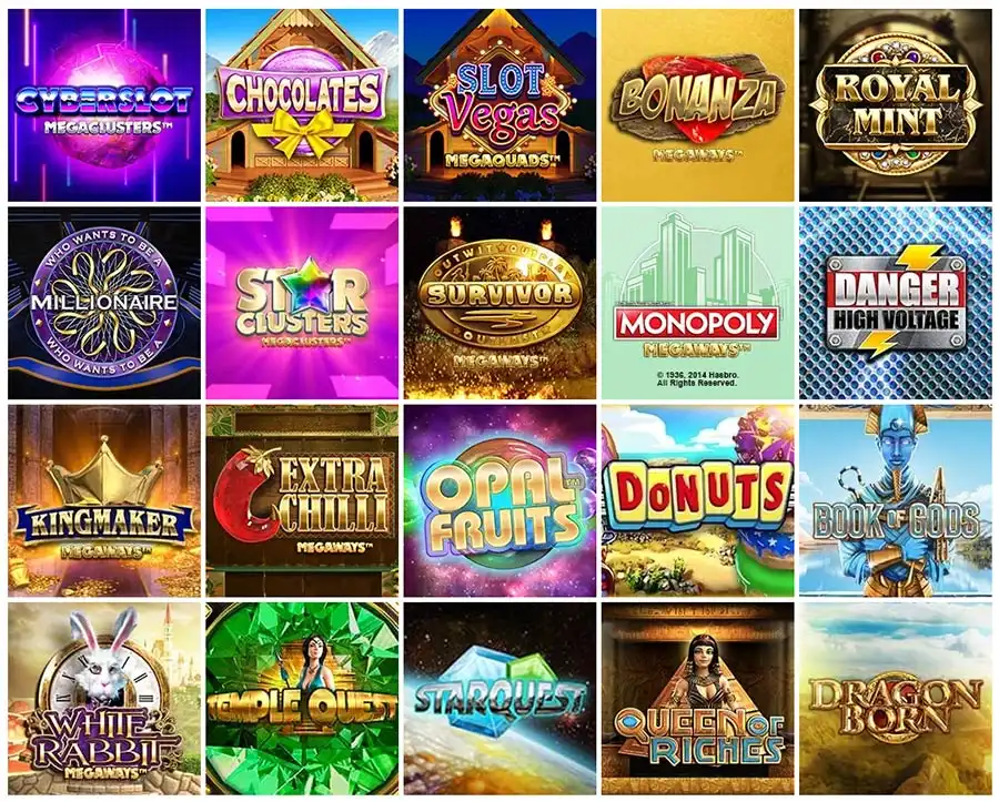Oversikt over Big Time Gaming-spill, blant annet Bonanza, Monopoly og Donuts