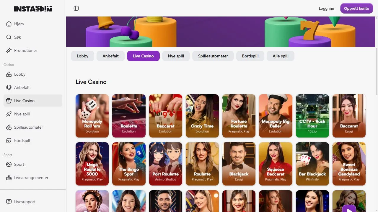 InstaSpin sin offentlige livecasino-lobby med roulette, blackjack og livespill