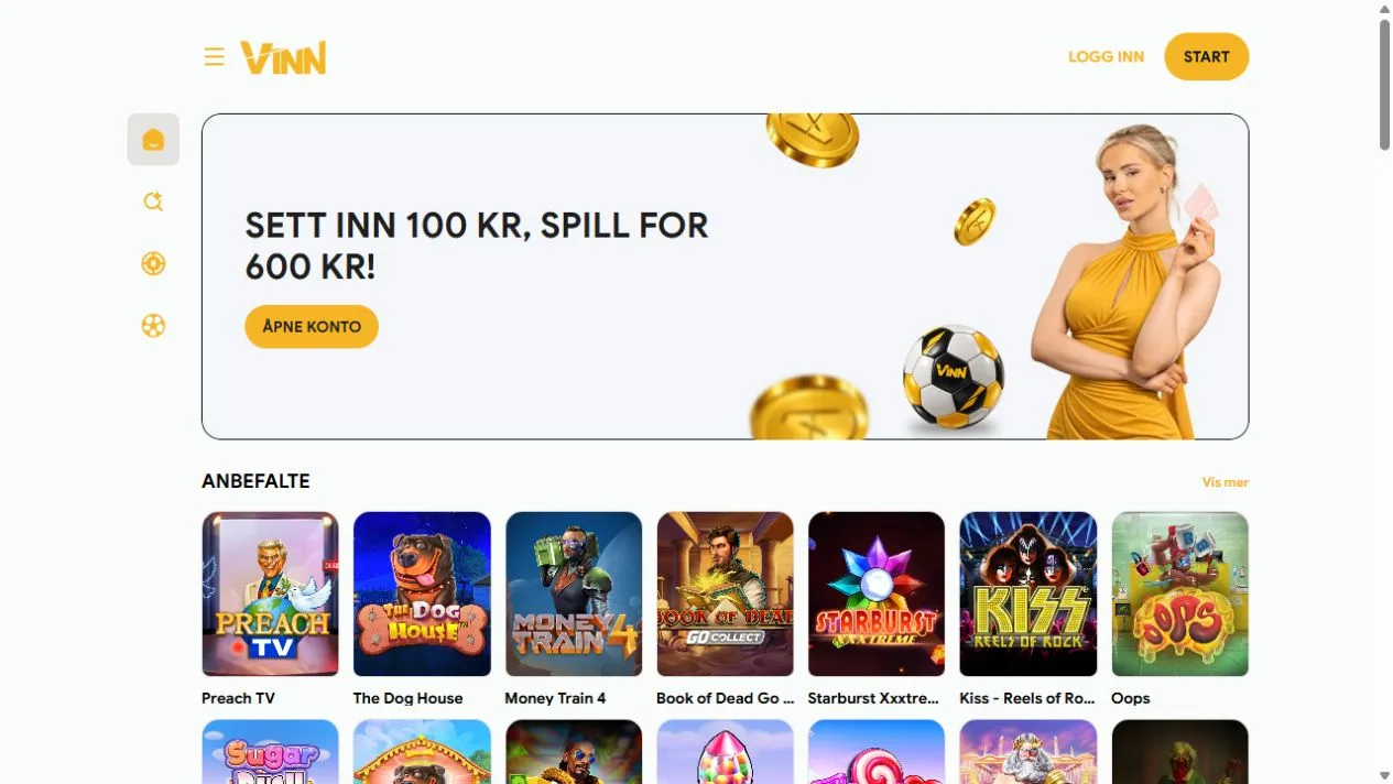Vinns offentlige norske forside med velkomsttilbud og spilleautomater