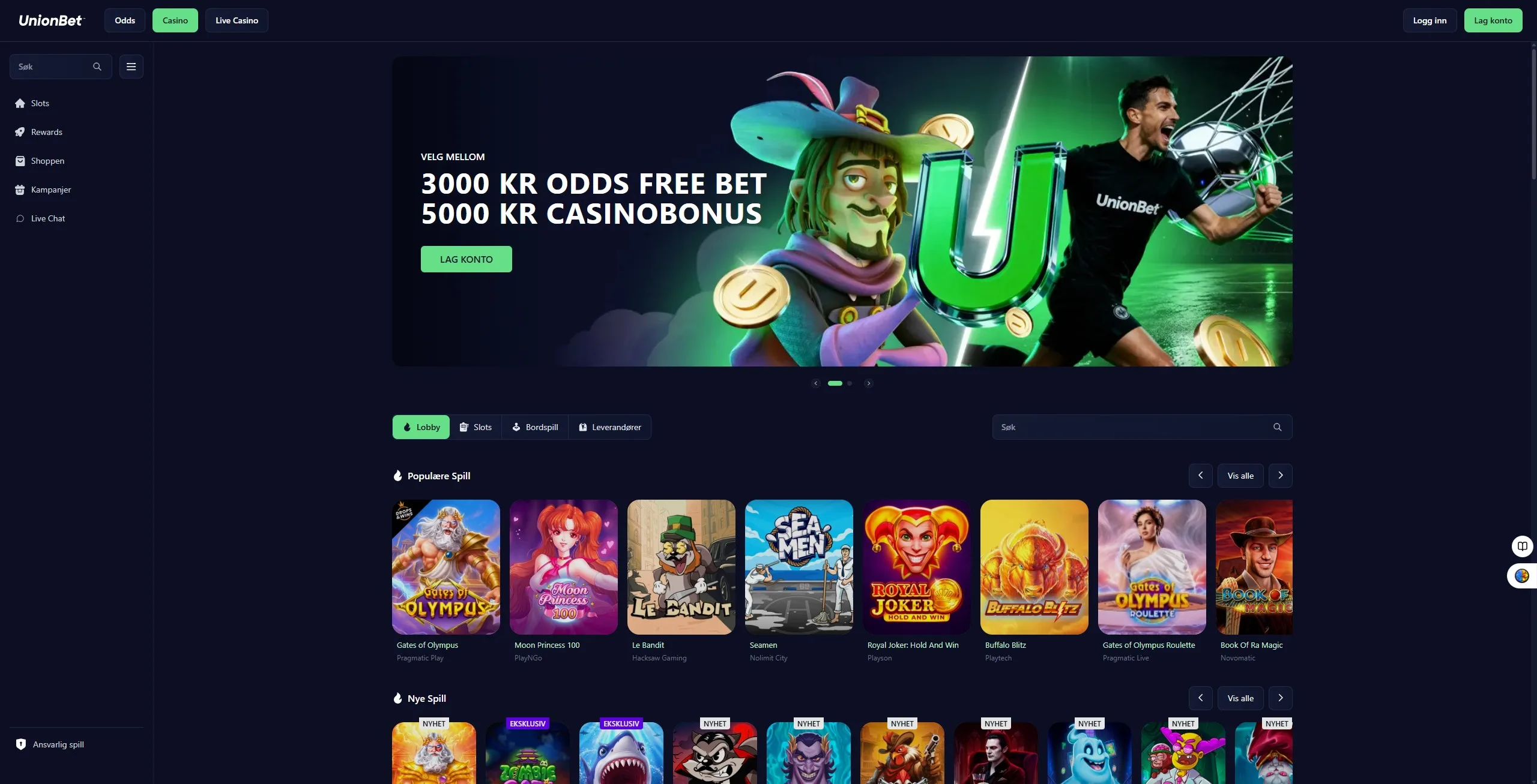 Casinolobbyen hos UnionBet med populære spill og nye spill