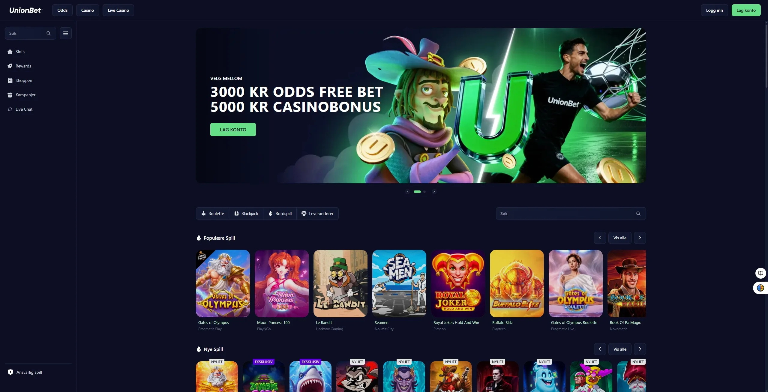 Forsiden på unionbet.com/nb-no med velkomsttilbudene 3000 kr odds Free Bet og 5000 kr casinobonus