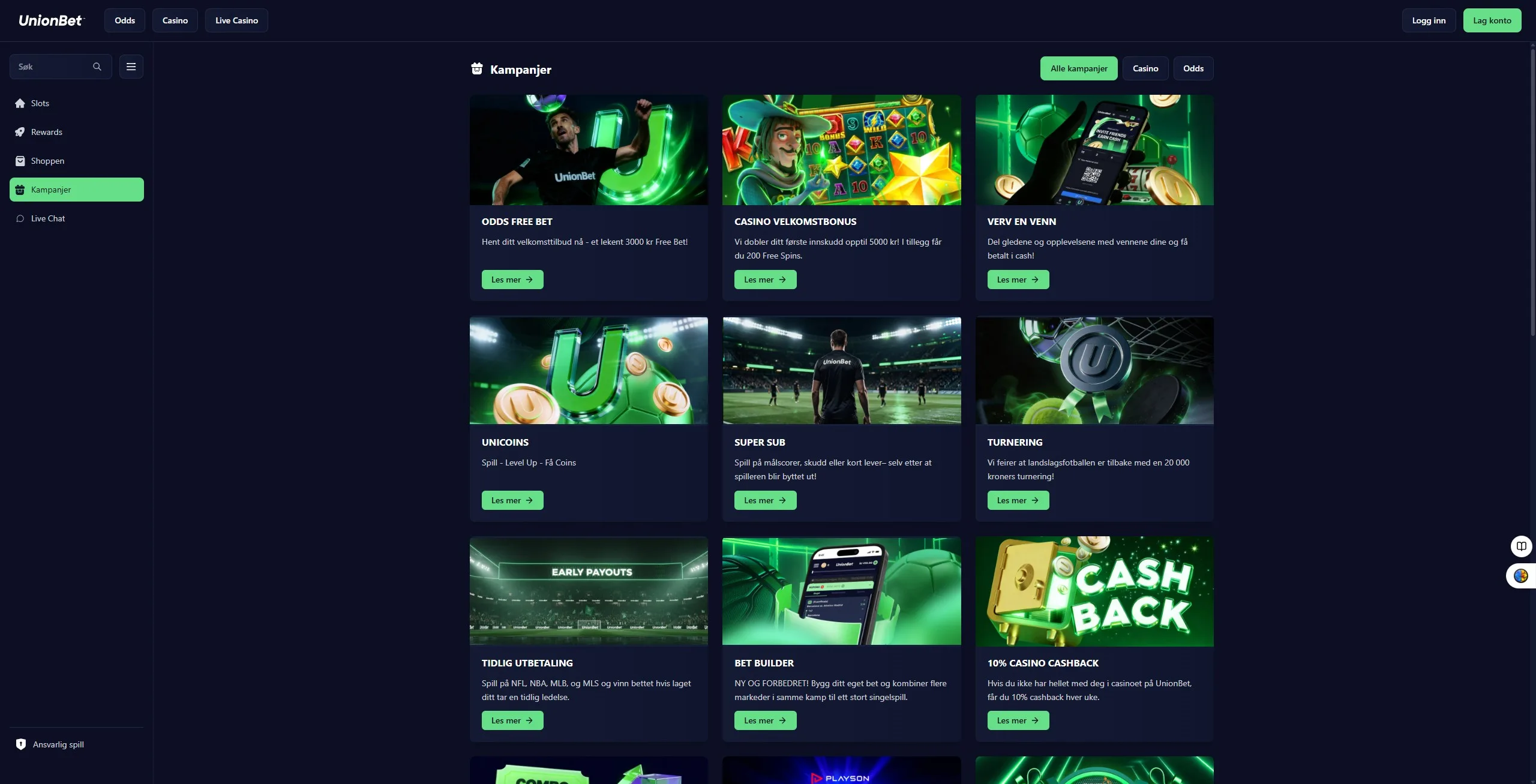 Kampanjesiden hos UnionBet med casino velkomstbonus, 10 % casino cashback, UniCoins og turnering