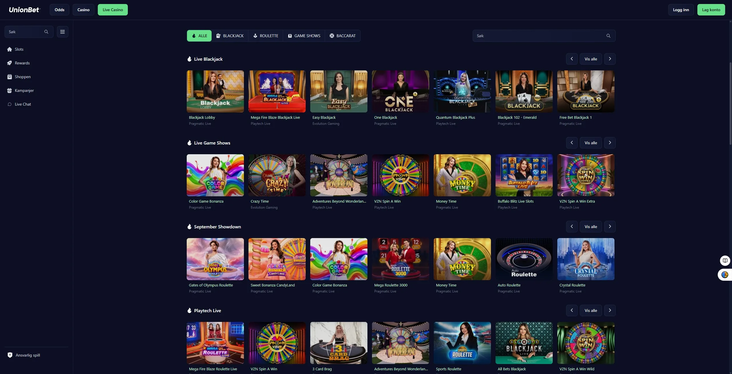 Livecasino hos UnionBet med blackjack og game shows
